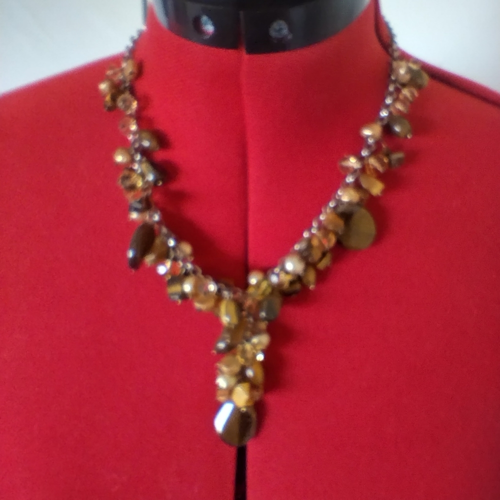Necklace and Bracelet Set, Tiger's Eye,  champagne pearl and crystal elements - Picture 3 of 9